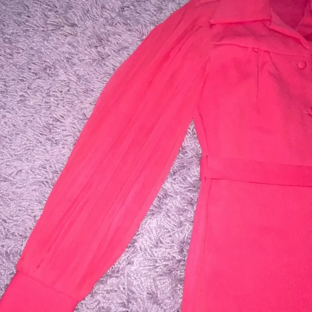 M Hot Pink VTG Button Up Long Sheer Sleeve Fitted Blazer Shirt Dress Pleated Top
